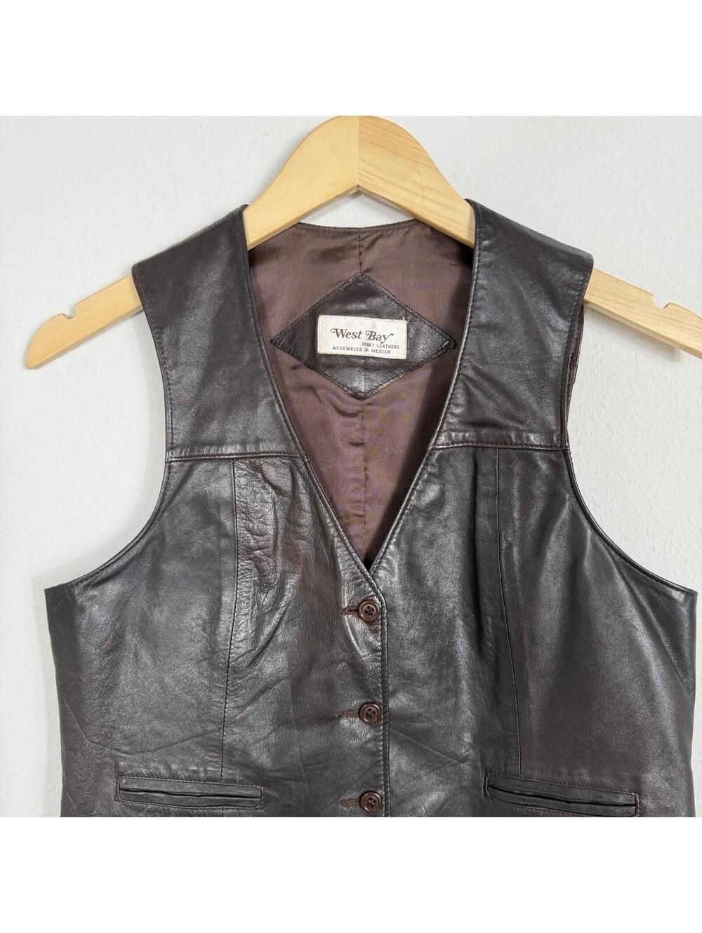 VTG West Bay Sport Womens Large Leather Western Button Brown Vest Boho Size 6 - Picture 3 of 8